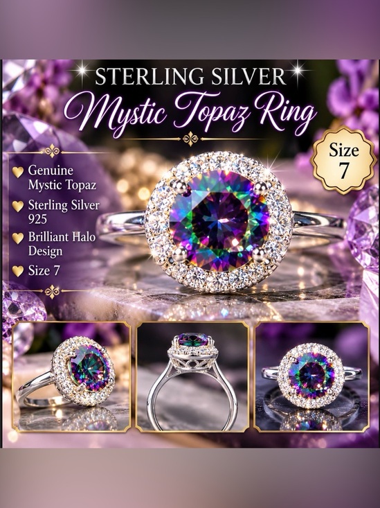 Jewelry - Sterling Silver 925 Mystic Rainbow Topaz & CZ Solitaire Halo Ring